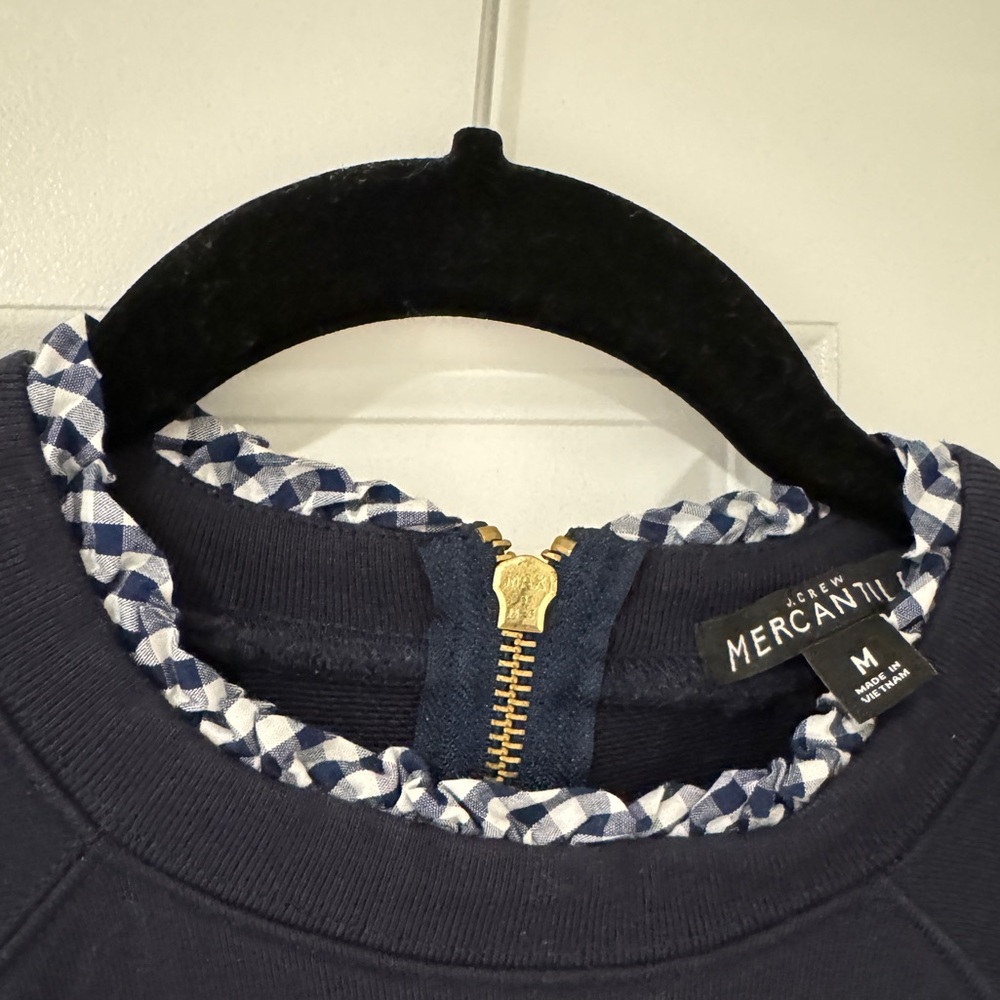 J. Crew long sleeve navy top with checked ruffle details. - Picture 3 of 6